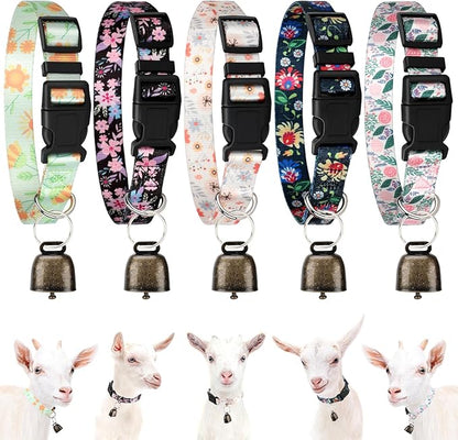 5 Pack Goat Collars with Bells, Horse Sheep Grazing Copper Bells and Adjustable Nylon Collar Set Pet Anti-Lost Loud Bronze Bell for Small Farm Animal Sheep Goat Cow Accessories(Floral)