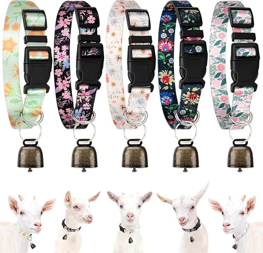 5 Pack Goat Collars with Bells, Horse Sheep Grazing Copper Bells and Adjustable Nylon Collar Set Pet Anti-Lost Loud Bronze Bell for Small Farm Animal Sheep Goat Cow Accessories(Floral)