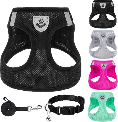 PUPTECK Adjustable Dog Harness Collar and Leash Set Step in No Pull Pet Harness for Small Medium Dogs Puppy and Cats Outdoor Walking Running, Soft Mesh Padded Reflective Vest Harnesses, Solid Black L