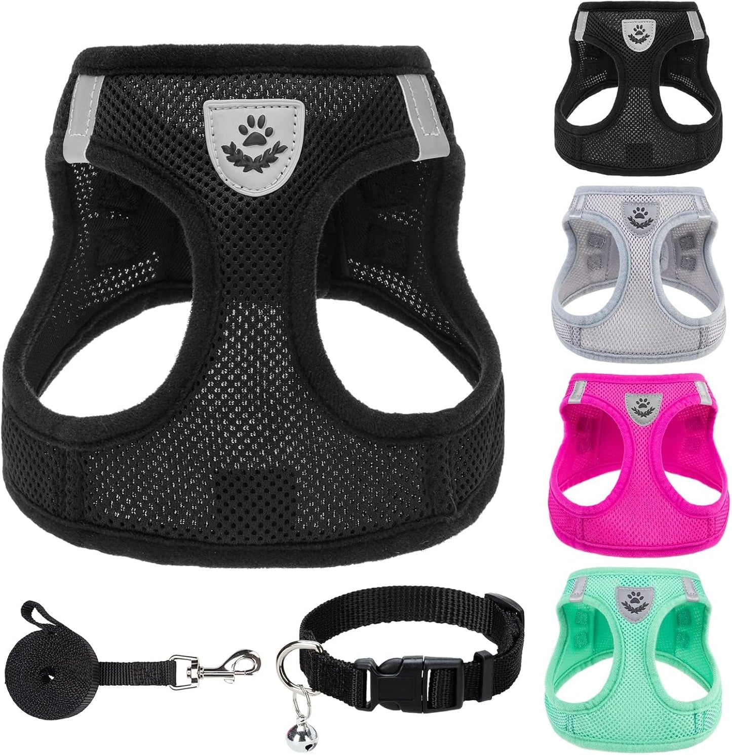 PUPTECK Adjustable Dog Harness Collar and Leash Set Step in No Pull Pet Harness for Small Medium Dogs Puppy and Cats Outdoor Walking Running, Soft Mesh Reflective Vest Harnesses, Solid Black XXS