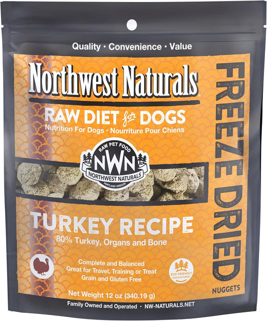 Northwest Naturals Freeze-Dried Turkey Dog Food - Bite-Sized Nuggets - Grain-Free, High-Protein, Raw Diet, Human-Grade, Limited Ingredients, All Natural, Healthy & Nutritious, Made in USA, 12 Oz