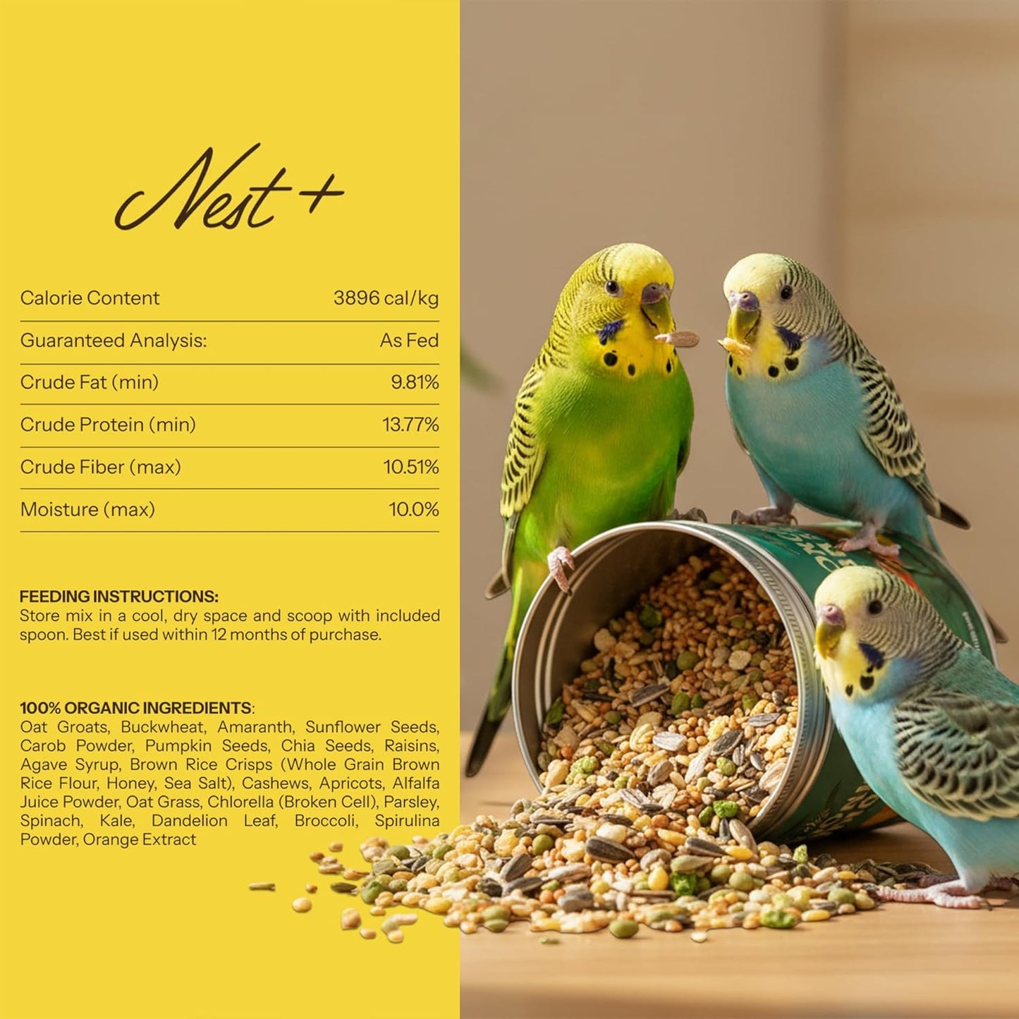 Premium Bird Seed Parakeet Food | Organic Parakeet Bird Seeds with Oat Groats, Amaranth & Super Veggies | Perfect Bird Food, Pretty Parrot & Budgie Food | Reusable Tin (1lb)