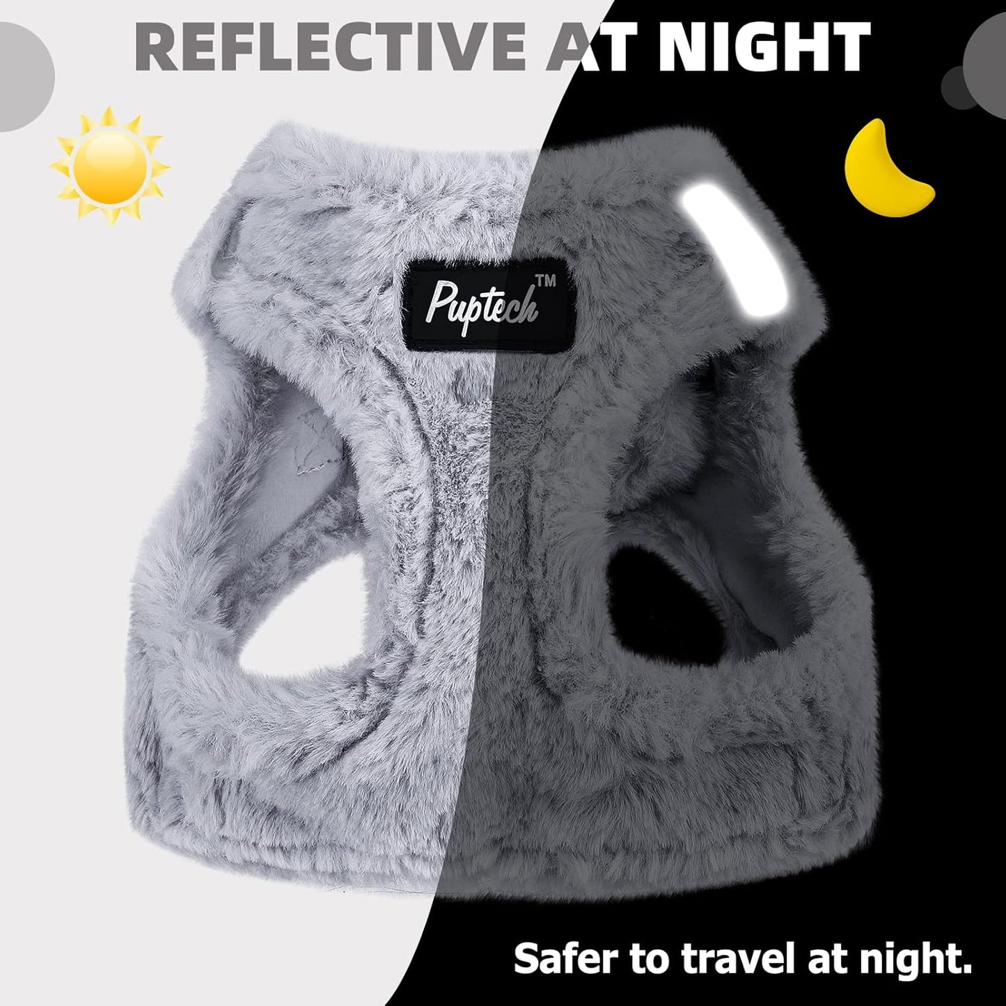 PUPTECK Adjustable Dog Harness Collar and Leash Set Step in No Pull Pet Harness for Small Medium Dogs Puppy and Cats Outdoor Walking Running, Soft Mesh Padded Reflective Vest Harnesses, Plush Grey S