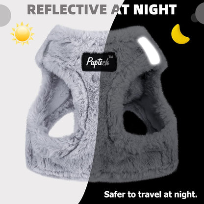 PUPTECK Adjustable Dog Harness Collar and Leash Set Step in No Pull Pet Harness for Small Medium Dogs Puppy and Cats Outdoor Walking Running, Soft Mesh Padded Reflective Vest Harnesses, Plush Grey S