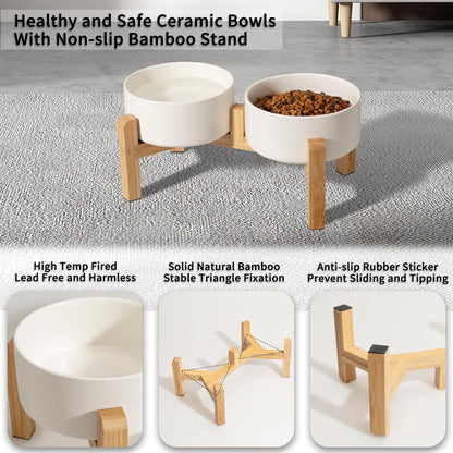 Elevated Ceramic Dog Bowl Set - Raised Dog Bowls with Non-Slip Bamboo Stand - Dog Food and Water Bowl Set - Double Dog Feeding Bowls - Suitable for Small and Medium Dogs - 28.74 OZ - 3.6 CUPS - 850 ML