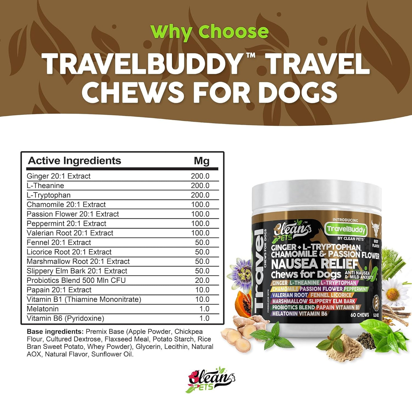Travel Chews Nausea Relief for Dogs | Ginger L-Tryptophan Chamomile Passion Flower L-Theanine Peppermint Valerian Root Fennel Licorice Root Marshmallow Root Slippery Elm Melatonin Chew
