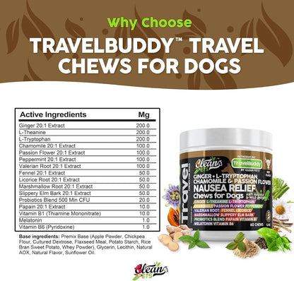 Travel Chews Nausea Relief for Dogs | Ginger L-Tryptophan Chamomile Passion Flower L-Theanine Peppermint Valerian Root Fennel Licorice Root Marshmallow Root Slippery Elm Melatonin Chew