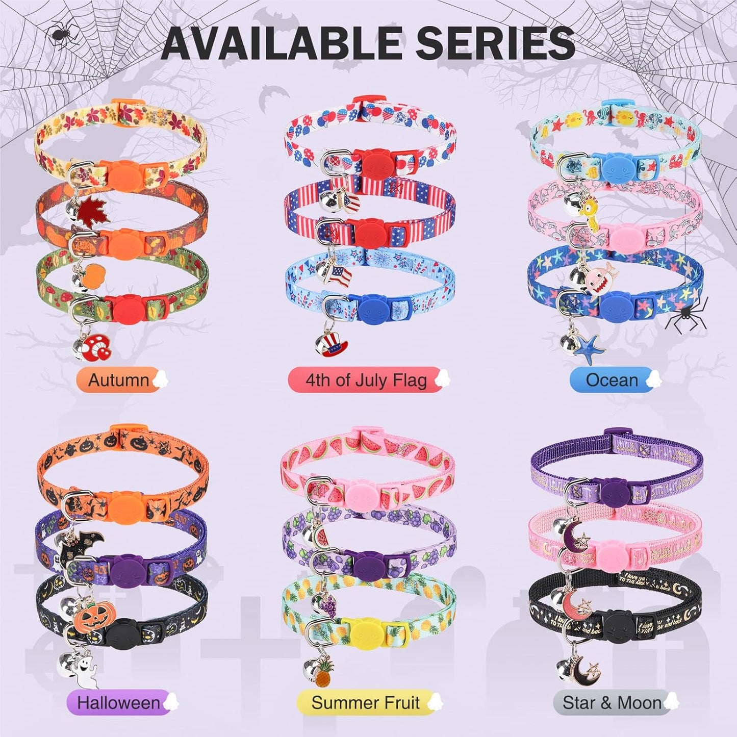 3 Pack Halloween Breakaway Cat Collars with Bell & Charm-Holiday Cat Collar for Girl Boy Cats with Safety Buckle- Cute Pumpkin Skull Kitten Collar Adjustable 8"-12" for Kitty Puppy Small Pets