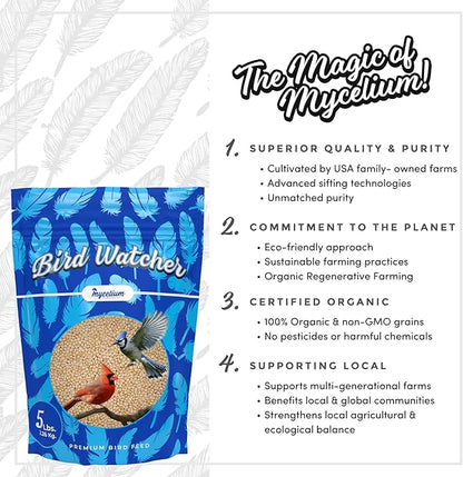 Mycelium Premium Bird Watcher Millet – Organic, High Nutrient Bird Food for Jays, Cardinals, Juncos & Robins, Sourced from Local USA Farms, Sustainable Farming, 5LB