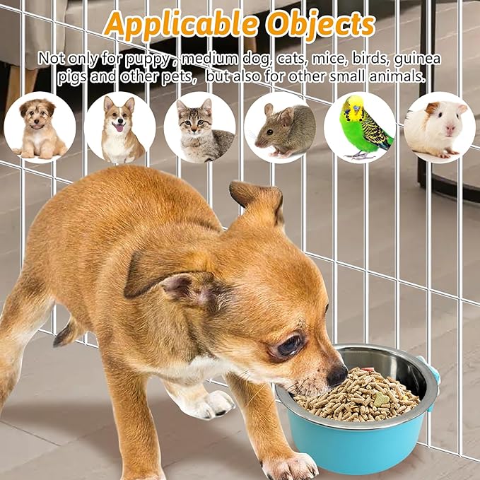 Hamiledyi Crate Dog Bowl Cat - Removable Stainless Steel Hanging No Spill Pet Bowl for Kennels Durable Detachable Design Fits Small Medium Dog Cages (2 Pcs, Blue