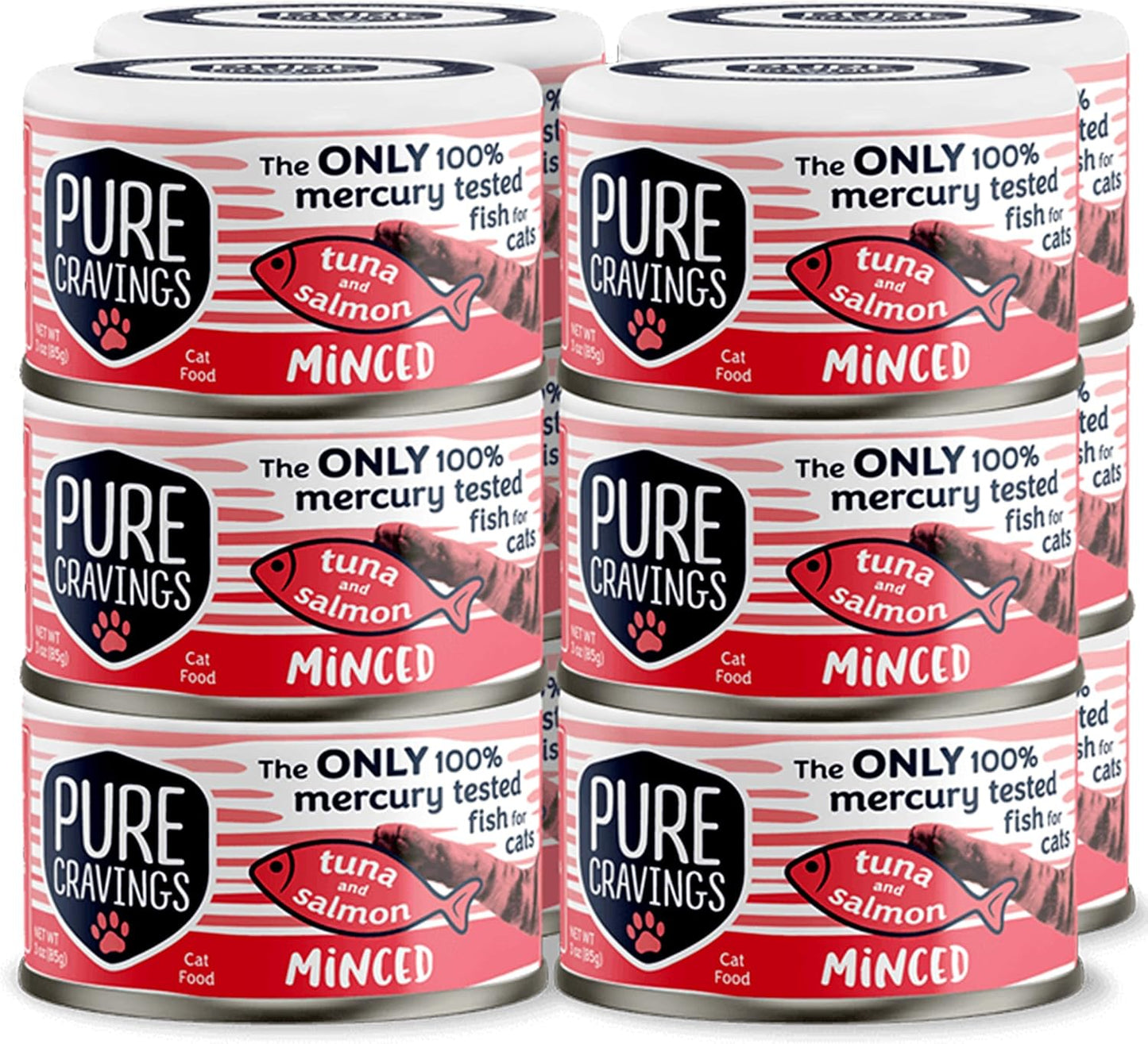 Pure Cravings Minced Tuna and Salmon Wet Canned Cat Food, 100% Mercury-Tested, Moist Can Fish for Cats, Grain-Free, Protein, Non-GMO, 3oz, Pack of 12