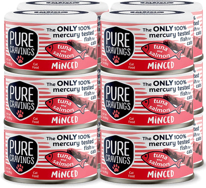 Pure Cravings Minced Tuna and Salmon Wet Canned Cat Food, 100% Mercury-Tested, Moist Can Fish for Cats, Grain-Free, Protein, Non-GMO, 3oz, Pack of 12