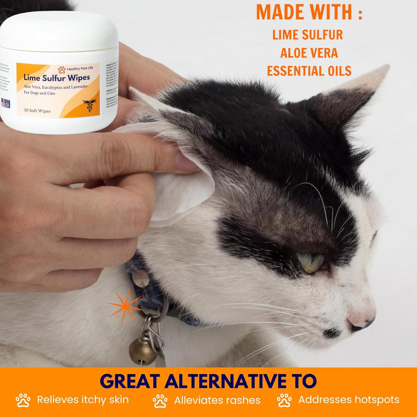 Healthy Paw Life Lime Sulfur Wipes - Relief for Itching, Scratching, and Redness - Infused with Lime Sulfur, Aloe & Essential Oils - Skin Care Solution for Pets (50ct, 2" Skin Soothe Wipes)