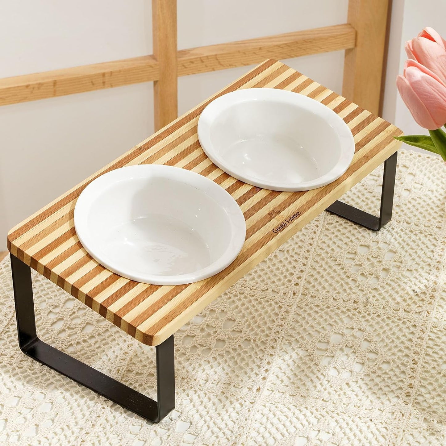 Sunhoo Ceramic Elevated Cat Bowls Raised Puppy Dishes for Food and Water Tilted Wooden Stand for Indoor Cats 5.5 inch Wide Double Dish Orthopedic Reduces Vomiting (Yellow&Brown)