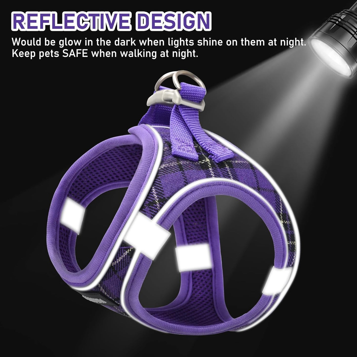GAMUDA Small Dog Harness Collar and Leash Set, Step in No Chock No Pull Soft Mesh Adjustable Dog Vest Harnesses Plaid Reflective for Dogs Puppy Cats Kitten Rabbit (Purple, M)