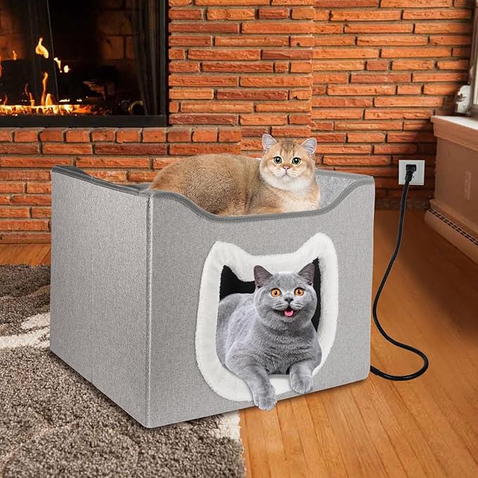 Heated Cat House for Indoor Cats - Heated Cat Bed Cave with Fluffy Ball and Scratch Pad, Foldable Cat Hideaway, Covered Cat Bed for Large Cats Kittens Small Pet