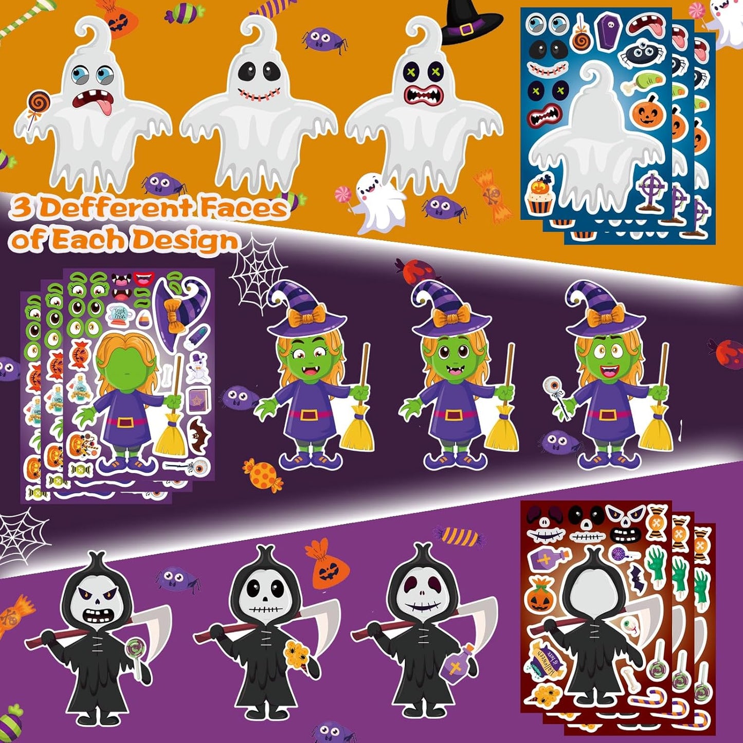 48 Sheets Halloween Make a Face Stickers for Kids, 16 Design Make Your Own Character Mix and Match Stickers Sheets Halloween Party Crafts Trick or Treat