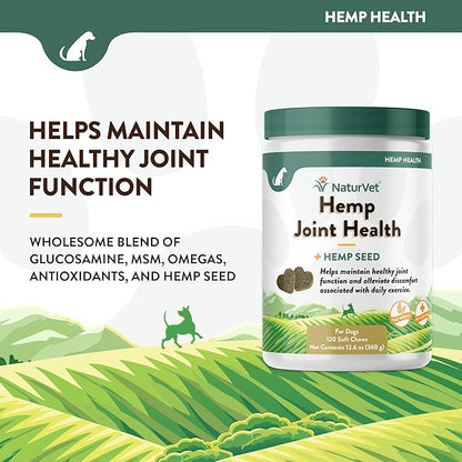 NaturVet – Hemp Joint Health For Dogs - Plus Hemp Seed | Supports Overall Joint Health | Enhanced with Glucosamine, MSM, Chondroitin & Antioxidants | 120 Soft Chews