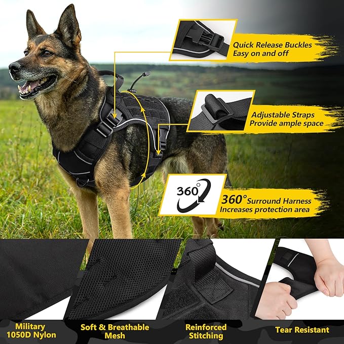WINGOIN Black Tactical Dog Harness for Large Dogs, Heavy Duty No Pull Dog Harness with Handle, Adjustable Reflective Military K9 Big Pet Vest for Husky, Doberman, Walking, Training, Hunting (XL)
