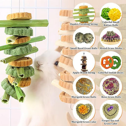 22Pcs Bunny Chew Toys for Rabbits Teeth, Natural Rabbit Toys Apple Wood Sticks, Carrot, Timothy Grass Treats for Small Pets, Hamster, Chinchilla, Guinea Pig