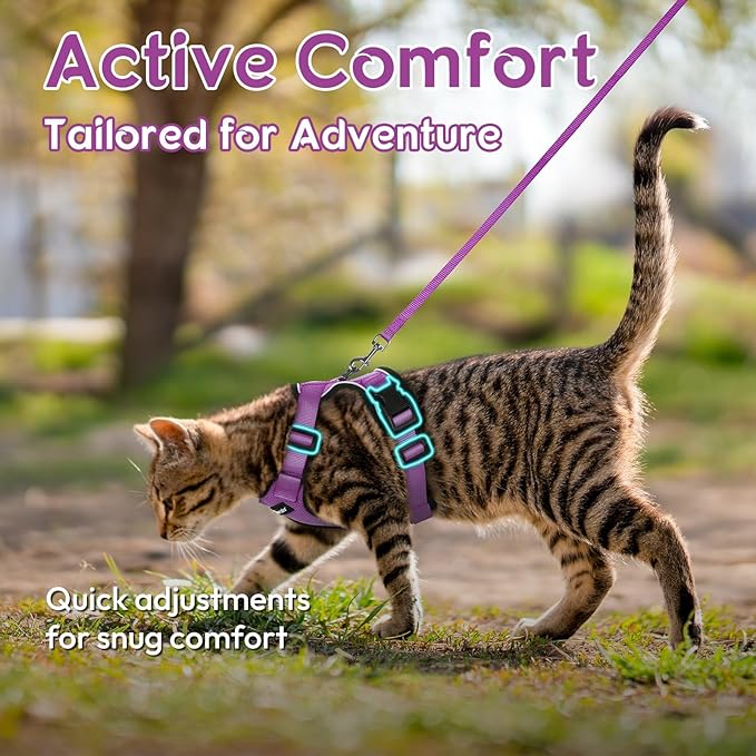 Dooradar Cat Harness and Leash Set, Escape Proof Safe Adjustable Kitten Vest Harnesses for Walking, Easy Control Soft Breathable Mesh Jacket with Reflective Strips for Cats, Purple, S