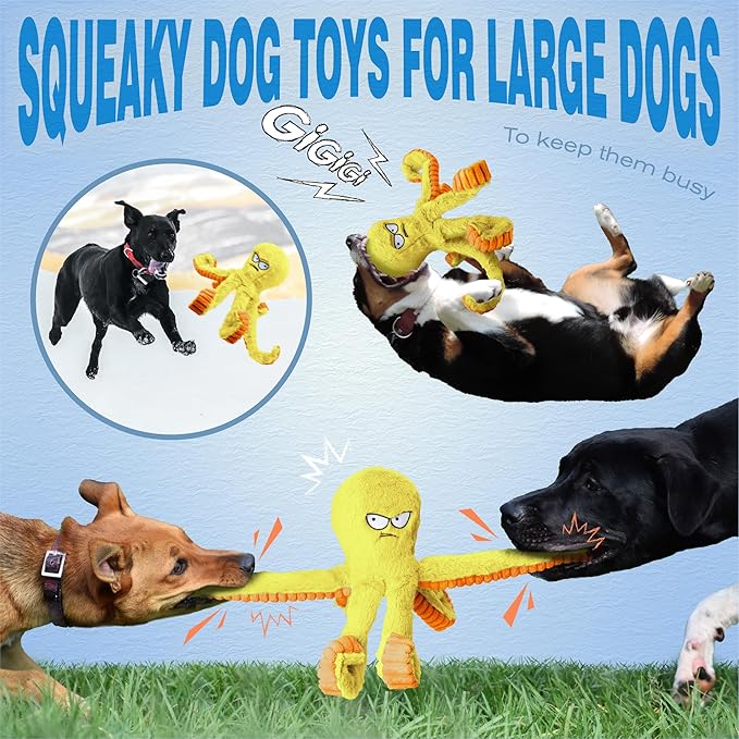 LEGEND SANDY Tough Dog Toys, Stuffed Chew Large Dog Toys to Keep Them Busy, Interactive Squeaky Tug of War Doggie Toy, Crinkle Yellow Octopus