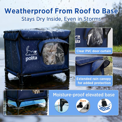 Rugged Heated Cat House for Outdoor Cats in Winter, Extremely Insulated & 100% Weatherproof, Elevated Feral Cat Shelter with Waterproof Eaves & Safe Escape Door for Stray & Barn Cats