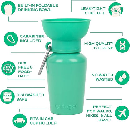 Springer by Springland Flip Portable Dog Water Bottle with Foldable Food Grade Silicone Bowl - 20 Ounce Travel Dog Water Bottle Ideal for Camping - Easy Squeeze Hydration & Release to Drain