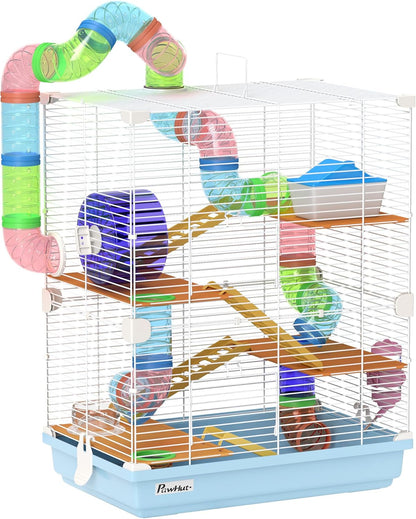PawHut 18" 5 Tier Hamster Cage with Tubes and Tunnels, Small Animal Cage with Portable Carry Handle, Gerbil Cage with Water Bottle, Food Dish, Exercise Wheel, Light Blue