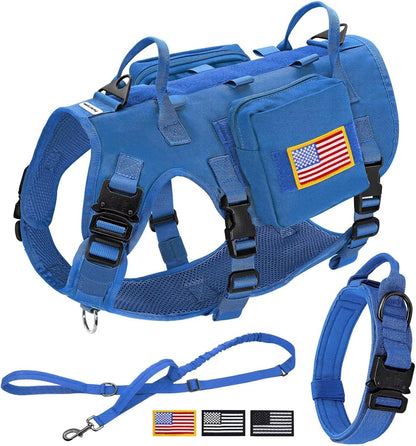 Forestpaw Tactical Dog Harness for Large Dogs,Tactical Dog Collar with Bungee Leash Set,No Pull Military Dog Harness for Walking Training,Adjustable for Medium Large Dogs,Blue,Chest 21.5-45"