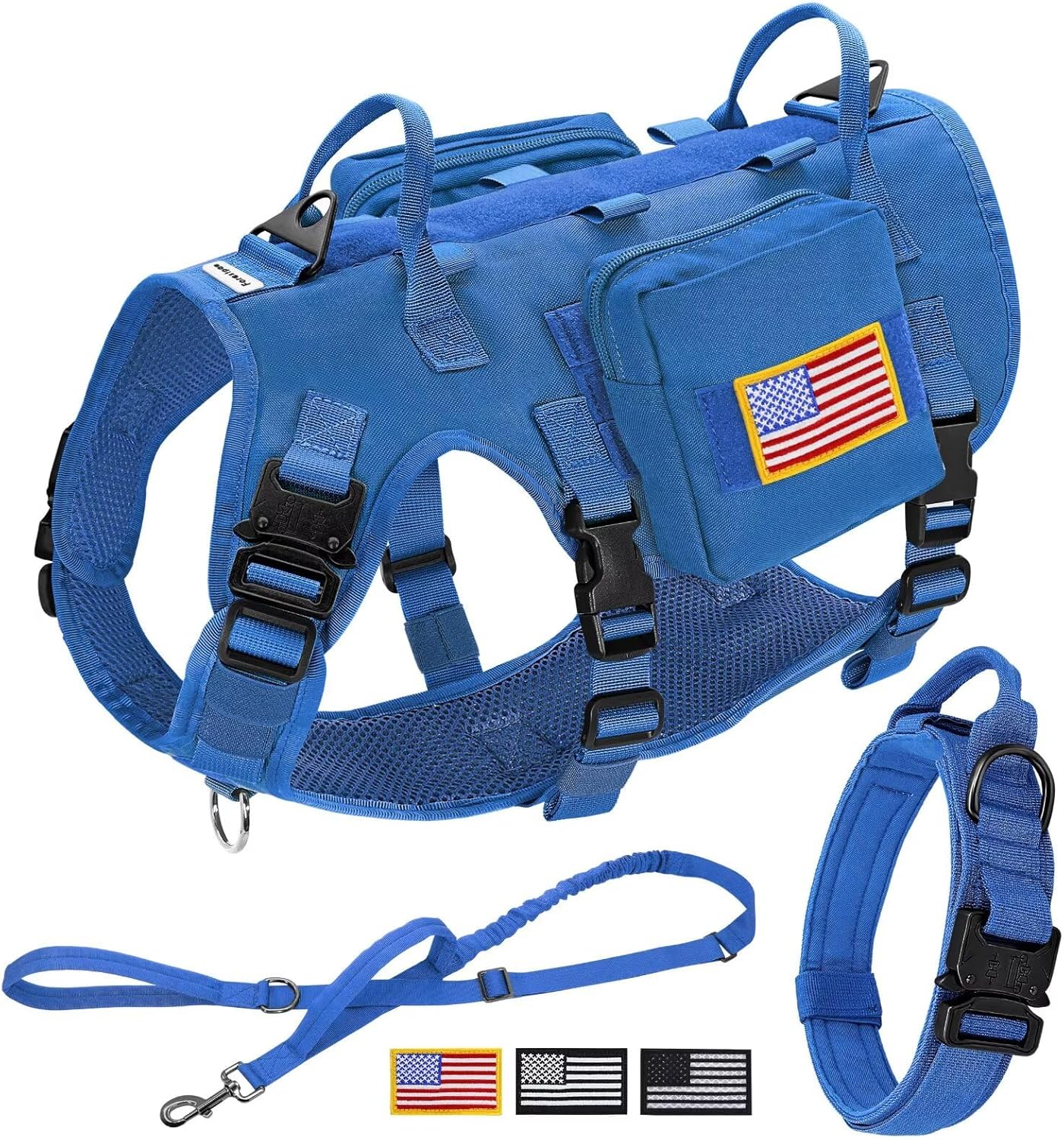 Forestpaw Tactical Dog Harness for Large Dogs,Tactical Dog Collar with Bungee Leash Set,No Pull Military Dog Harness for Walking Training,Adjustable for Medium Large Dogs,Blue,Chest 19.5-41.5"