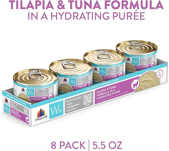 Weruva Wx Phos Focused Tilapia and Tuna Formula in a Hydrating Puree 5.5oz Can, Pack of 8