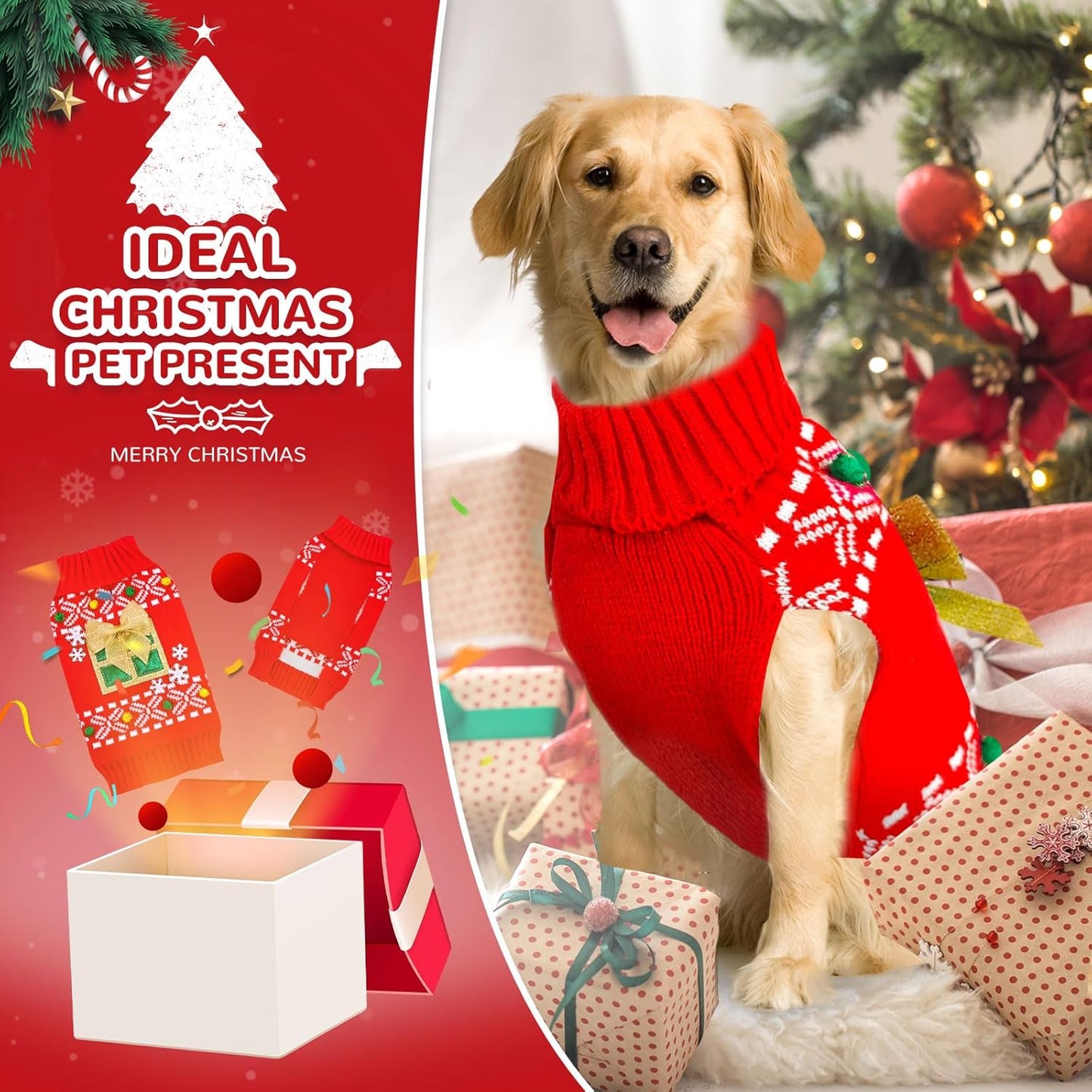 PETCARE Dog Christmas Sweater Clothes Cute Red Present Snowflake Xmas Dogs Costume Warm Knitted Puppy Sweaters Vest Christmas Dog Clothes Outfit for Small Medium Large Dogs Cats Pet Pullover