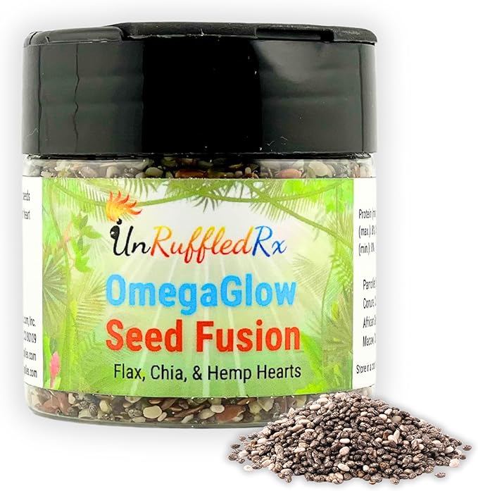 UnRuffledRx™ OmegaGlow for Birds – Supports Feather Growth & Helps Reduce Plucking | Skin & Immune Health with Chia, Flax & Hemp Hearts | 2 oz Shaker Jar
