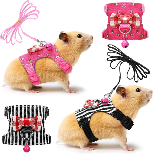 SATINIOR 2 Pieces Small Hamster Harness and Leash Set, Ferret Guinea Pig Clothes with Bowknot and Bell Decor, No Pulling Comfort Padded Vest Striped for Rats Bunny Rabbit Small Animals(S,Black, Pink)