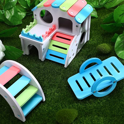 3 Pieces Fun Hamster Toys Guinea Pig Hideout Include PVC Hamster House, Rainbow Bridge, Seesaw Toy DIY Exercise Play Toys for Rats Mouse Small Animals(Small,Rainbow Color)