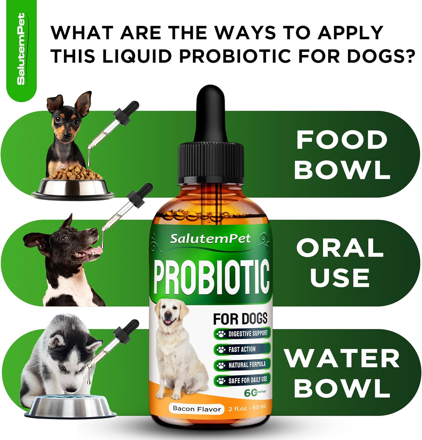 Probiotics for Dogs | Liquid Probiotics for Dogs and Puppies | Prebiotic & Digestive Enzymes | Gut Flora Support and Digestive Care | Bacon Taste | 2 Oz