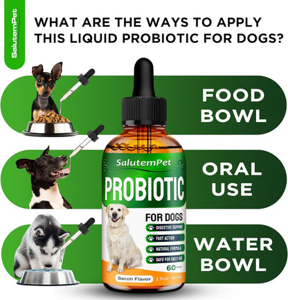 Probiotics for Dogs | Liquid Probiotics for Dogs and Puppies | Prebiotic & Digestive Enzymes | Gut Flora Support and Digestive Care | Bacon Taste | 2 Oz