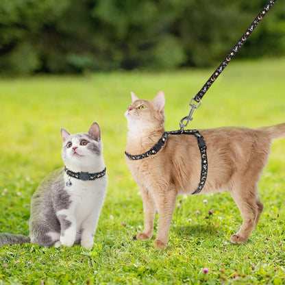 PAWCHIE Cat Harness with Leash and Collar Set - Escape Proof Adjustable H-shped Cat Harness with Star and Moon Pattern Glow in The Dark for Kitty Outdoor Walking