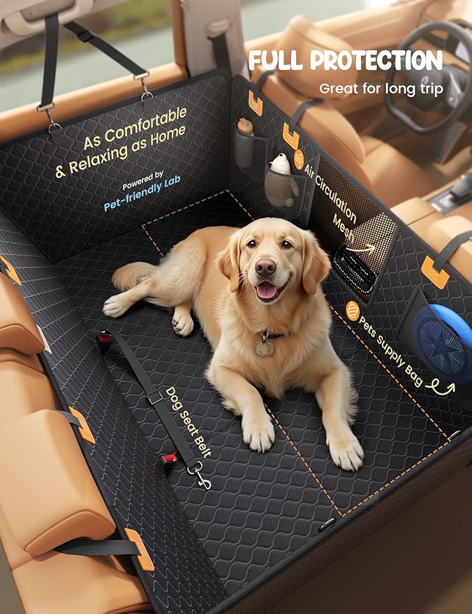 Lamicall Dog Car Seat Cover for Back Seat - [Upgraded Anti-Ripped] Back Seat Extender for Dogs Hard Bottom, Waterproof Dog Hammock for Car with Mesh Window, Pet Backseat Protector SUV & Small Truck XL