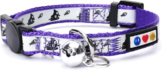 Pawtitas Pet Glow In The Dark Cat Collar with Safety Buckle and Bell Purple Lucky