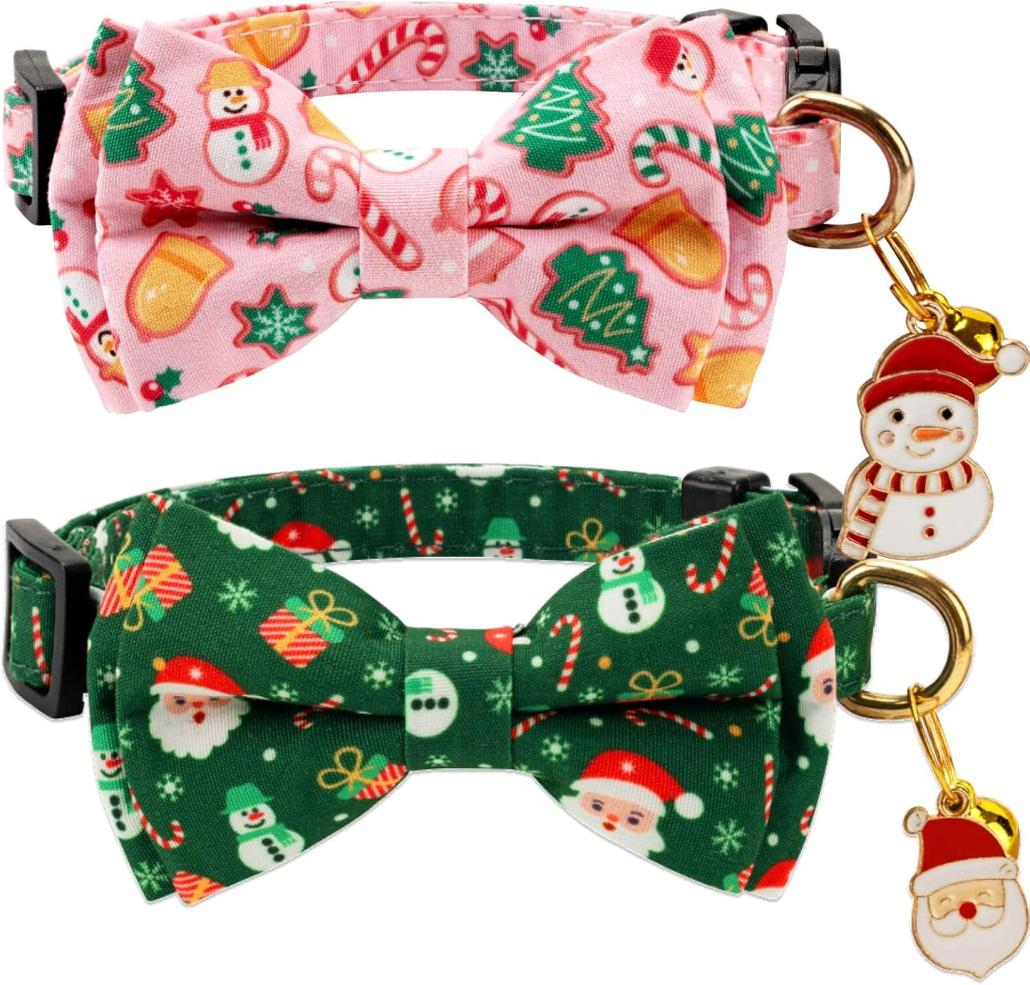 2 Pack Cotton Cat Collar with Bow Tie and Bell for Girl Boy Cats,Cute Green Santa Claus and Pink Snowman Pattern Christmas Breakaway Cat Collar for Male Female Cats (Santa Claus & Snowman)