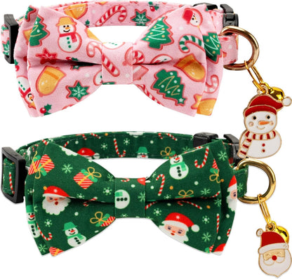 2 Pack Cotton Cat Collar with Bow Tie and Bell for Girl Boy Cats,Cute Green Santa Claus and Pink Snowman Pattern Christmas Breakaway Cat Collar for Male Female Cats (Santa Claus & Snowman)