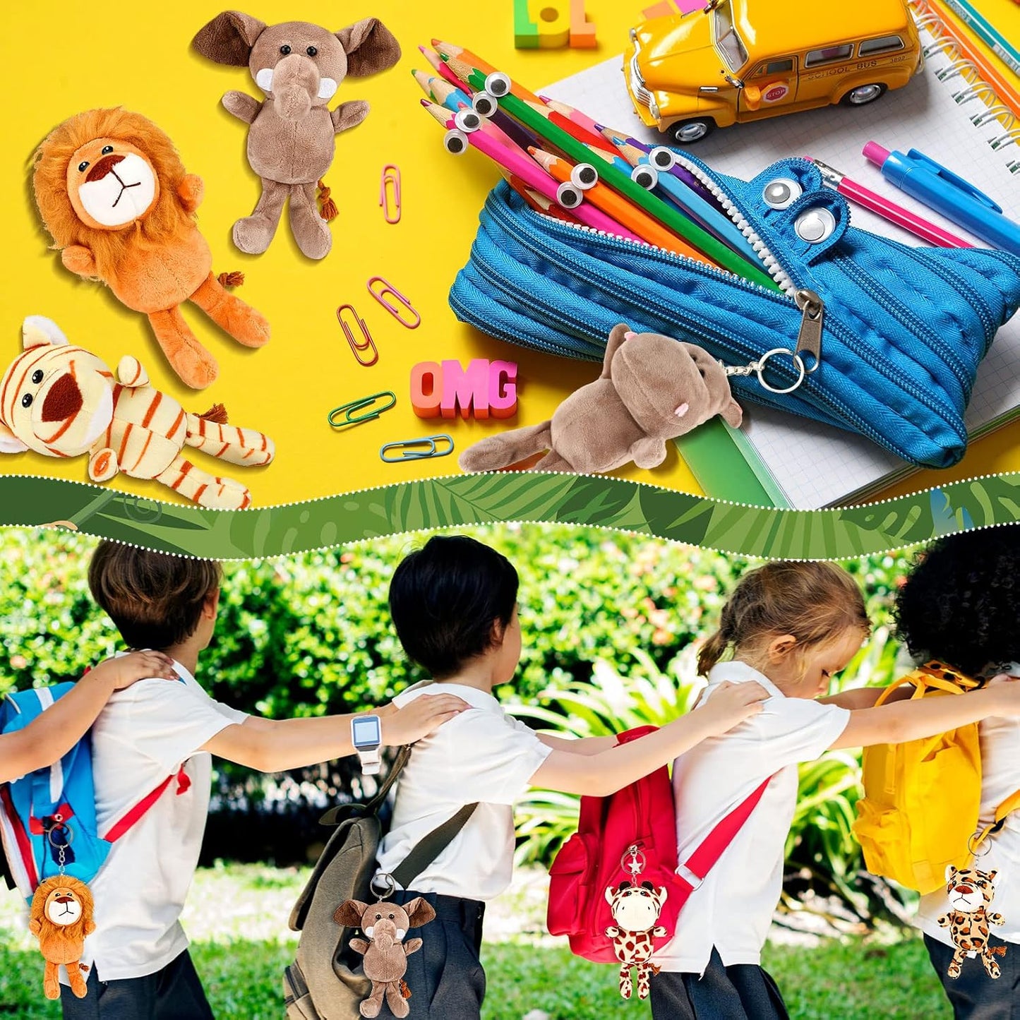 HyDren 18 Pcs Small Safari Stuffed Animals Bulk 4.8 Inch Jungle Animal Mini Plush Toy Lion Tiger Elephant Giraffe Leopard Monkey Figures for Summer, Baby Shower, Birthday Party(Cute Style)