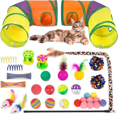 Retro Shaw Cat Toys Kitten Toys, Cat Tunnels Toy for Indoor Cats Kitty, Interactive Cat Tube Tent Feather Wand Teaser Bell Fuzzy Ball Springs Mouse (33 Pcs Large Cat Tunnel Toys Set)