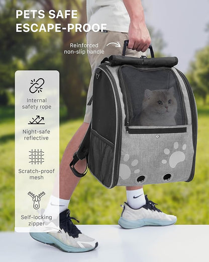 Cat Backpack Carrier with Comfort Handle, Ventilated Cat Backpack with Reflective Strips, Foldable Cat Carrying Backpack for Cats up to 17 lbs and Small Dogs up to 13 lbs(Grey).