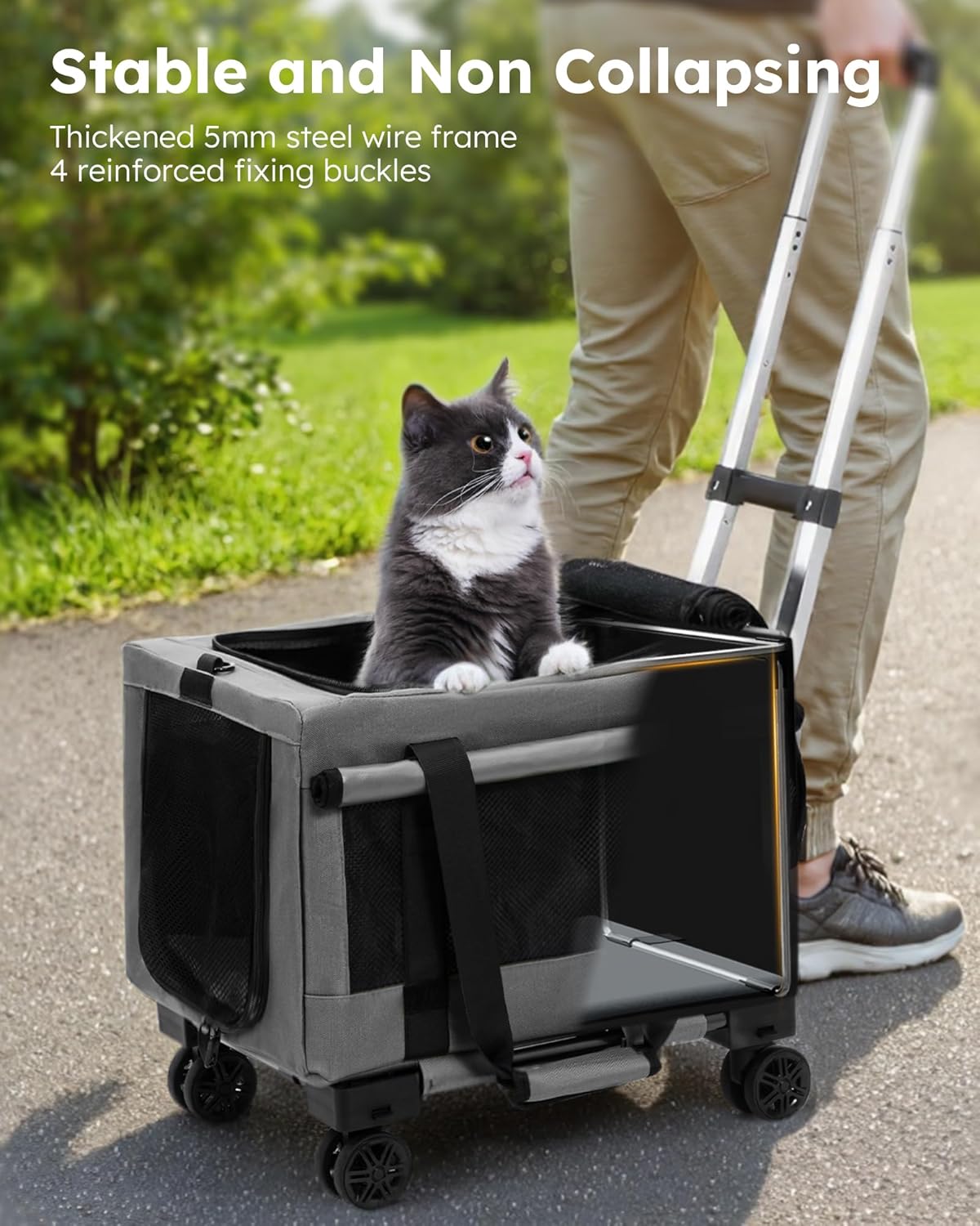 Pecute Cat Carrier with Wheels,Steel Wire Frame Cat Carrier, Stable Pet Trolley Bag for Cats, Pet Handbag and Stroller, Portable Cat Carrier Bag for Car Travel Bus Subway, Grey