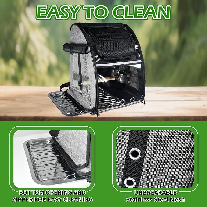 Bird Carrier Bag, Bird Travel Cage with Standing Perch and Indestructible Stainless Steel Mesh, Protable Transparent Breathable Carrier with Feeder Cups for Small Birds Parrot Parakeet, Grey