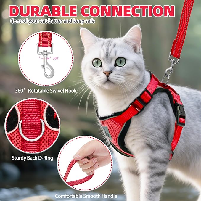 PUPTECK Cat Harness and Leash Set Escape Proof Reflective Cat Walking Harness Adjustable Soft Breathable Mesh Vest for Small Pets, Red, M