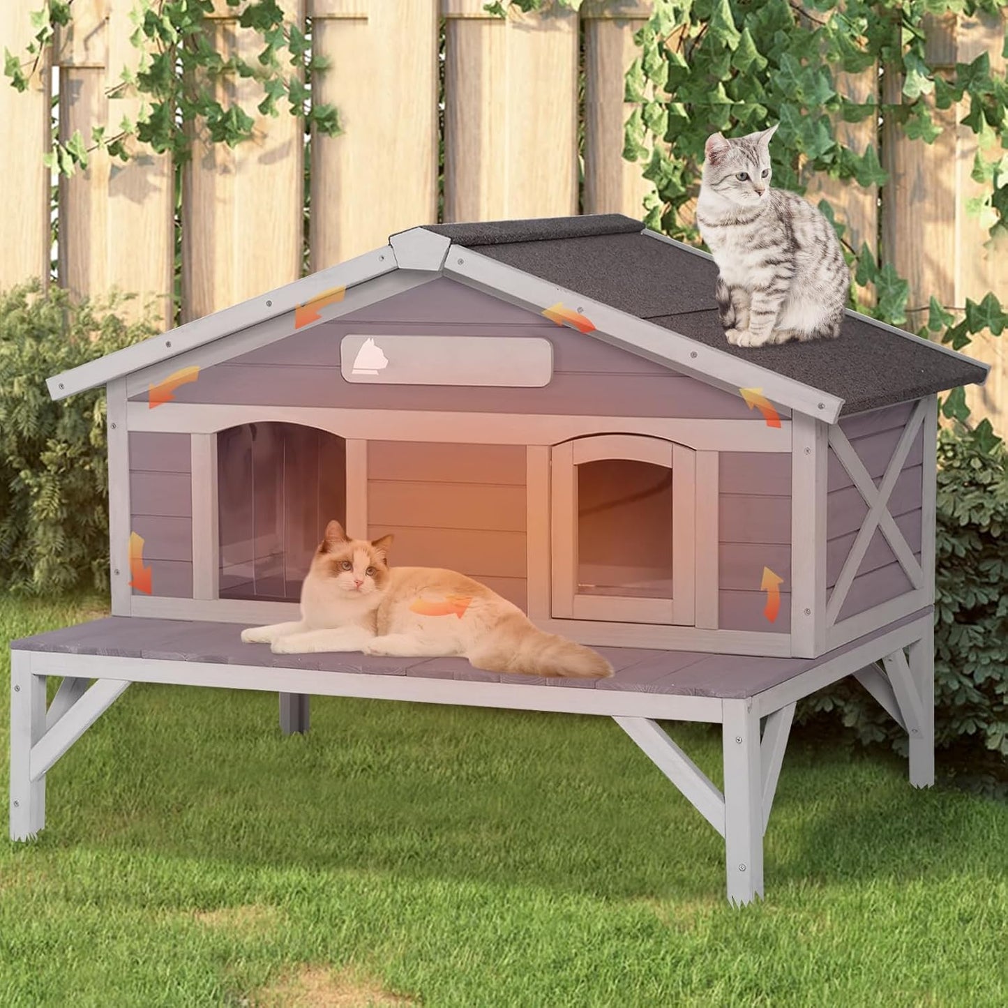 GUTINNEEN Large Outdoor Cat House Insulated Cat House Indestructible Weatherproof Feral Cat Shelter with Openable Hinged Roof, Escape Doors for 1-4 Feral Barn Cats in Winter (43.5"x31.1"x31.2")